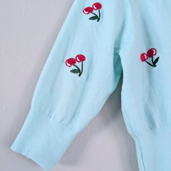 Red Blue Embroidered Cherry Pattern Cropped Cardigan Twee Coquette Dollette Sz M - Picture 6 of 8